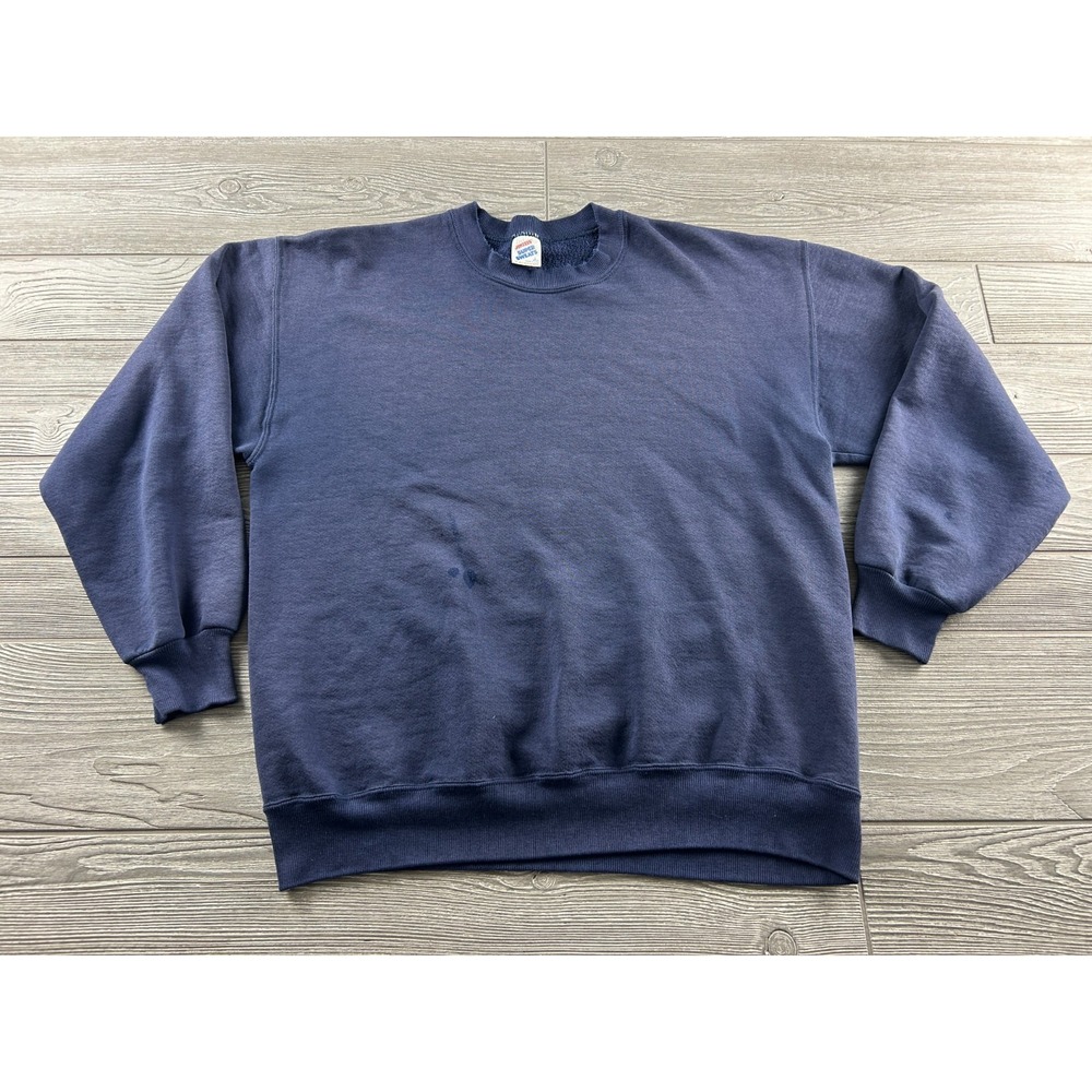 Vintage 90s Jerzees Super Sweats Crewneck USA Made Navy Blank Sweatshirt L